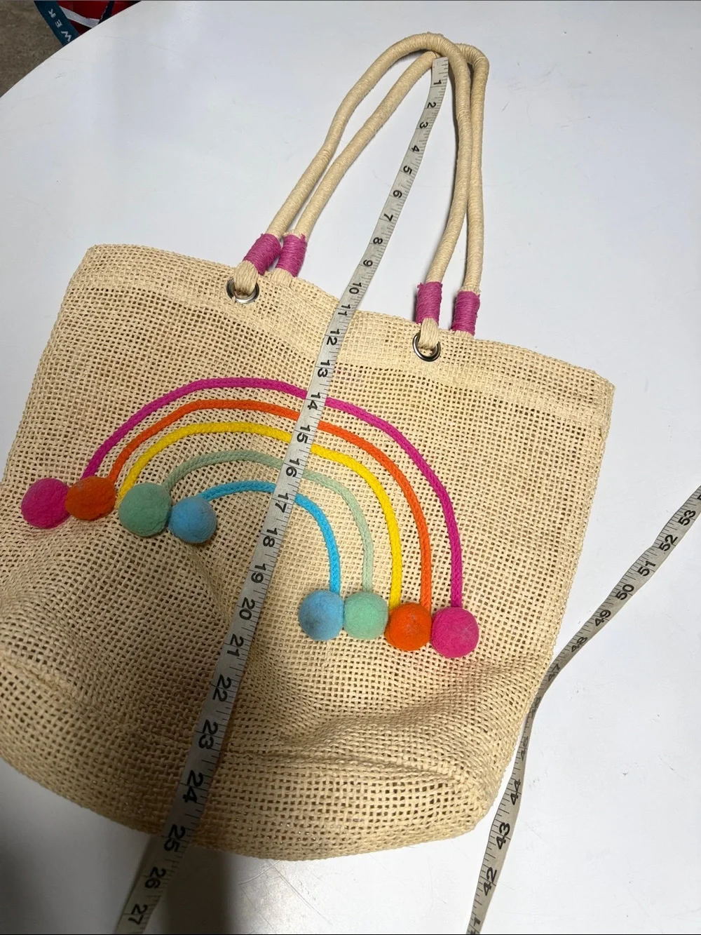 Capelli of New York Cream Straw Tote with Rainbow Embroidery and Pom-Poms